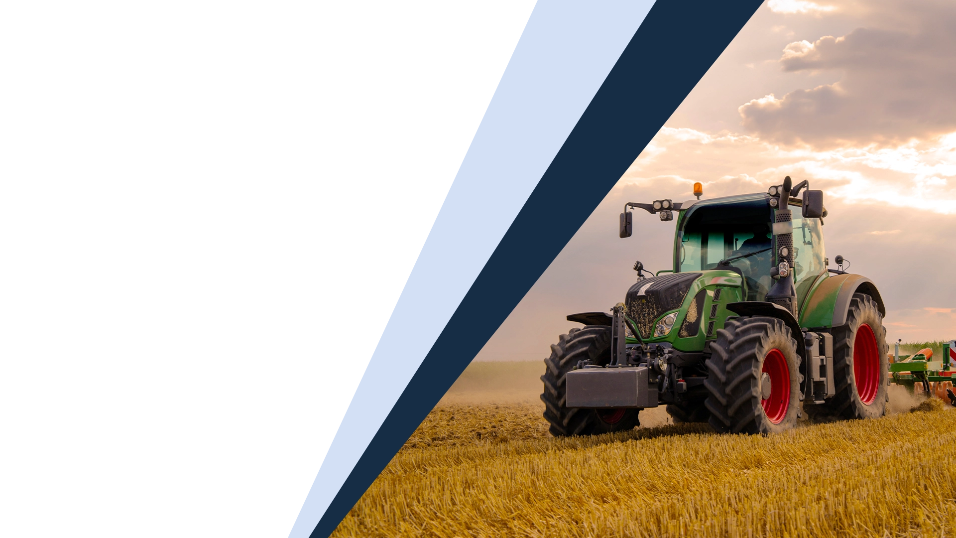 Green farm tractor driving across a golden harvested field at sunset with white and blue diagonal graphics.